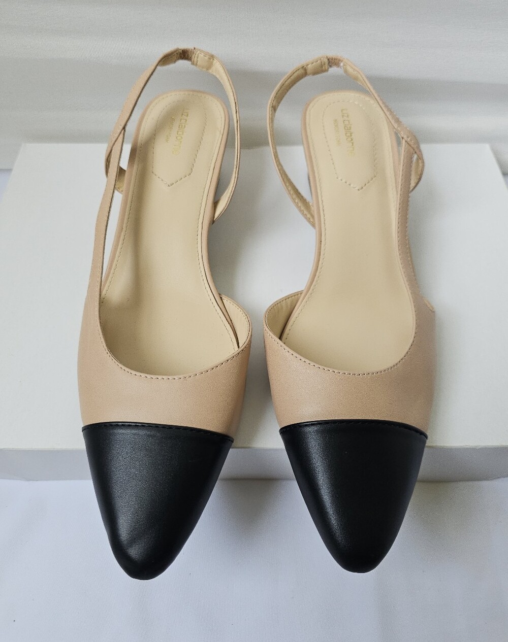 Two-Tone Slingback Pointed Toe Pumps in Beige and Black